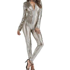 COPY - Sexy Faux PU Leather Catsuit Cat women Silver Shiny One Piece Bodycon Ju…